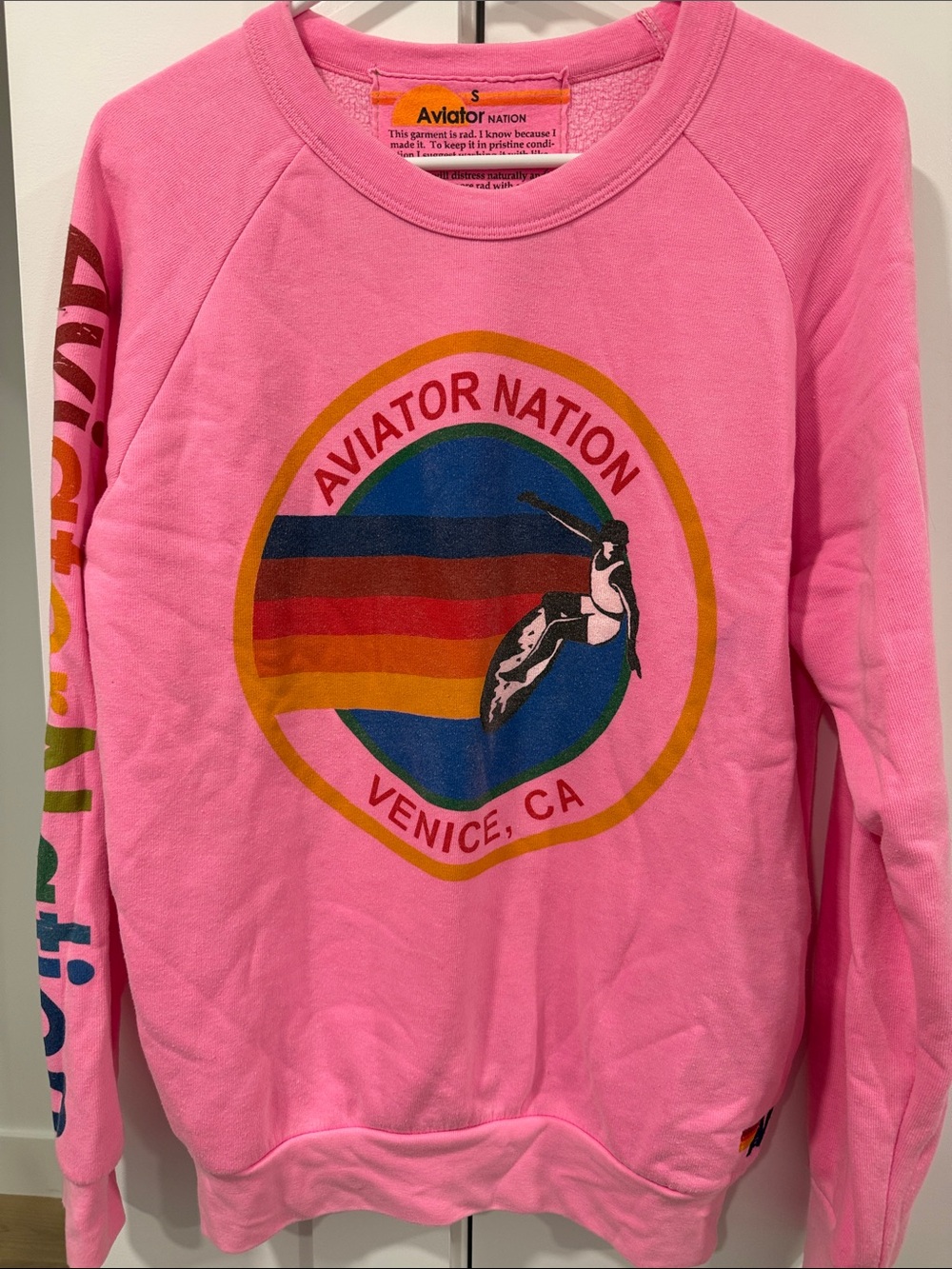 Aviator Nation Pink Crewneck with Retro Rainbow Logo